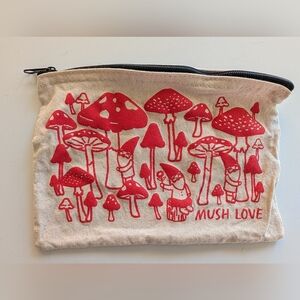 Seltzer Goods Mushrooms & Gnomes Cotton Canvas Zipper Pouch Natural & Red EUC